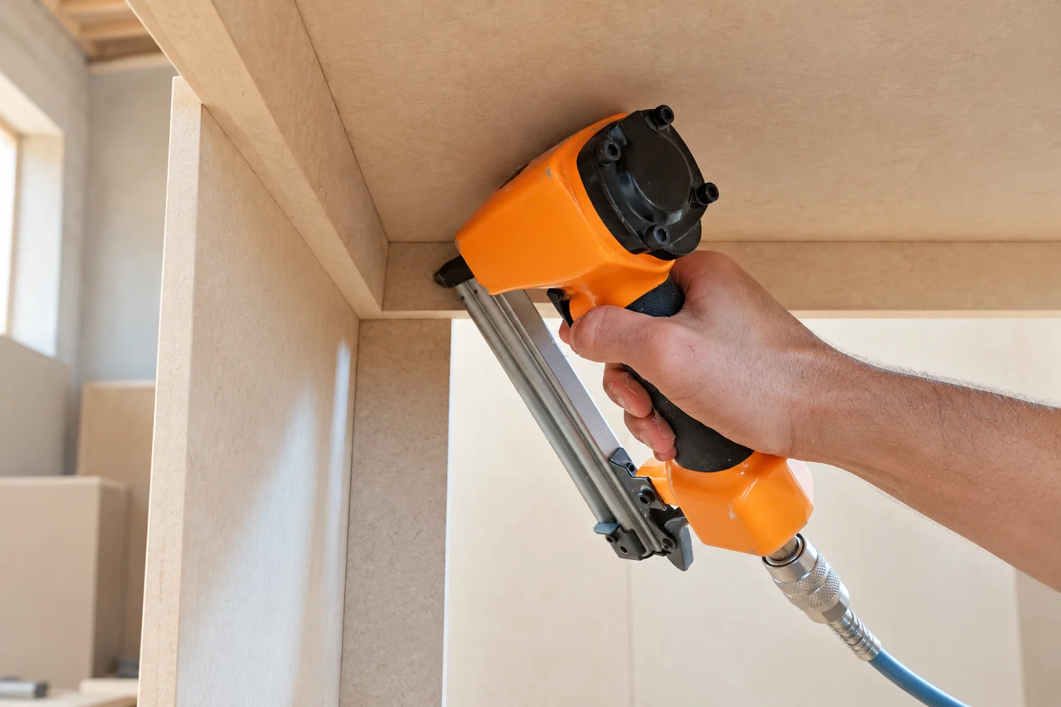 Clavadora fijando una esquina interior del mueble