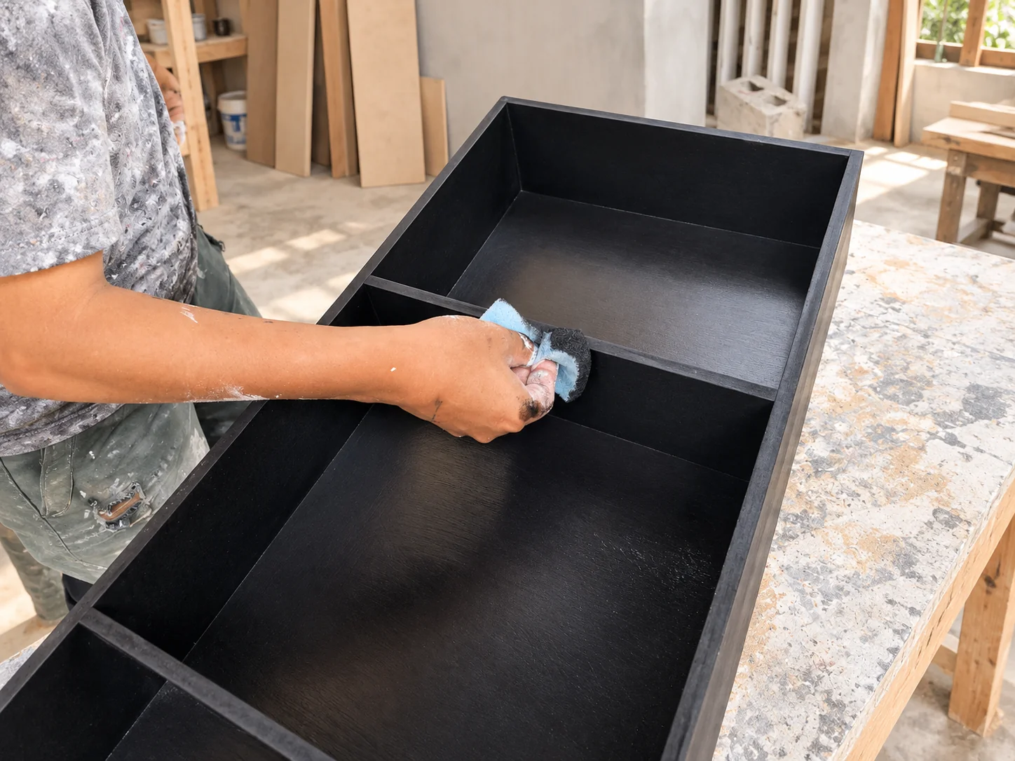 Repaso con esponja de un mueble negro